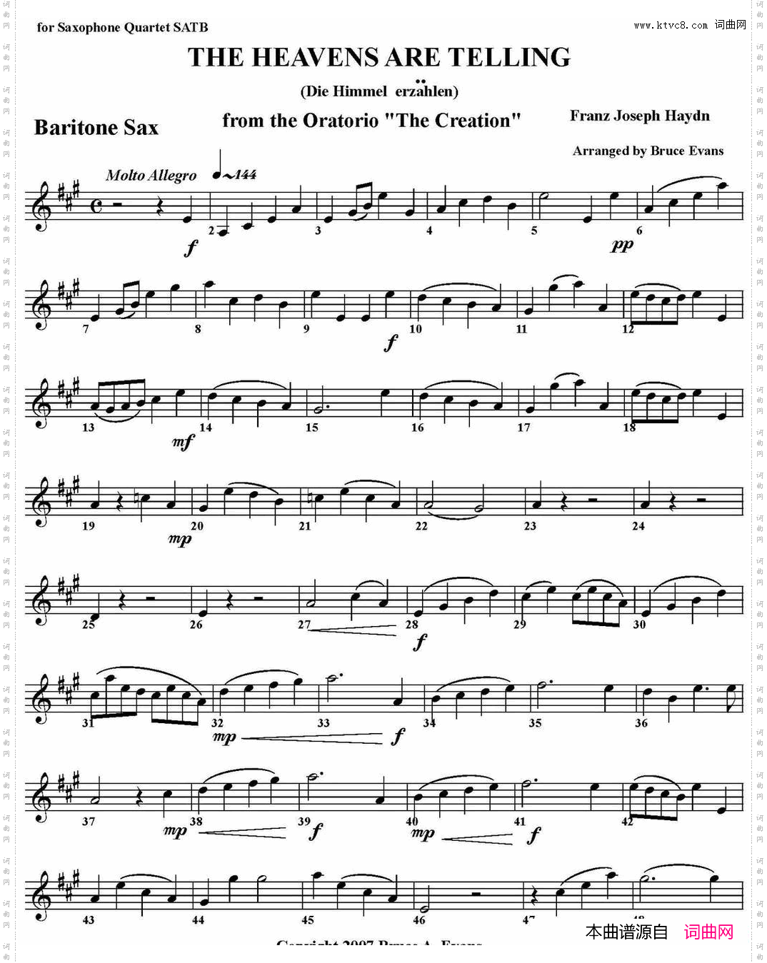 THEHEAVENSARETELLING四重奏·上低音萨克斯分谱_THE HEAVENS ARE TELLING四重奏·上低音萨克斯分谱