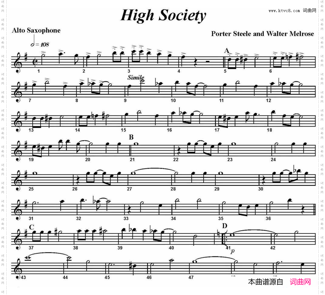 HighSociety四重奏·中音萨克斯分谱_High Society四重奏·中音萨克斯分谱