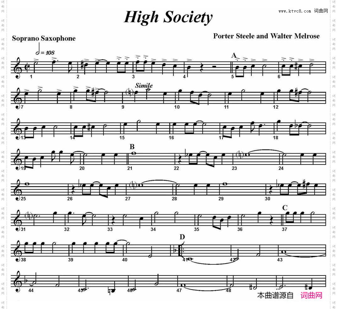 HighSociety四重奏·高音萨克斯分谱_High Society四重奏·高音萨克斯分谱