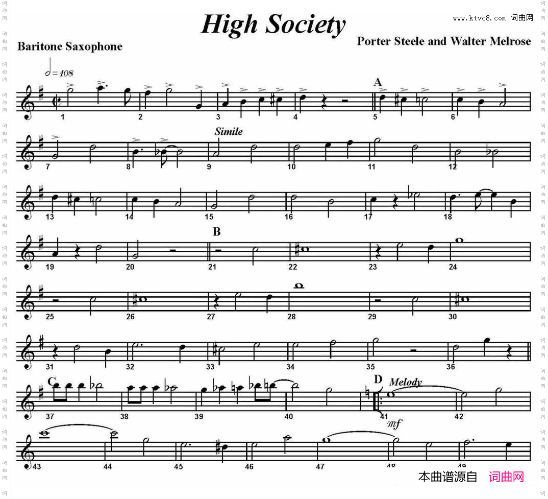 HighSociety四重奏·上低音萨克斯分谱_High Society四重奏·上低音萨克斯分谱