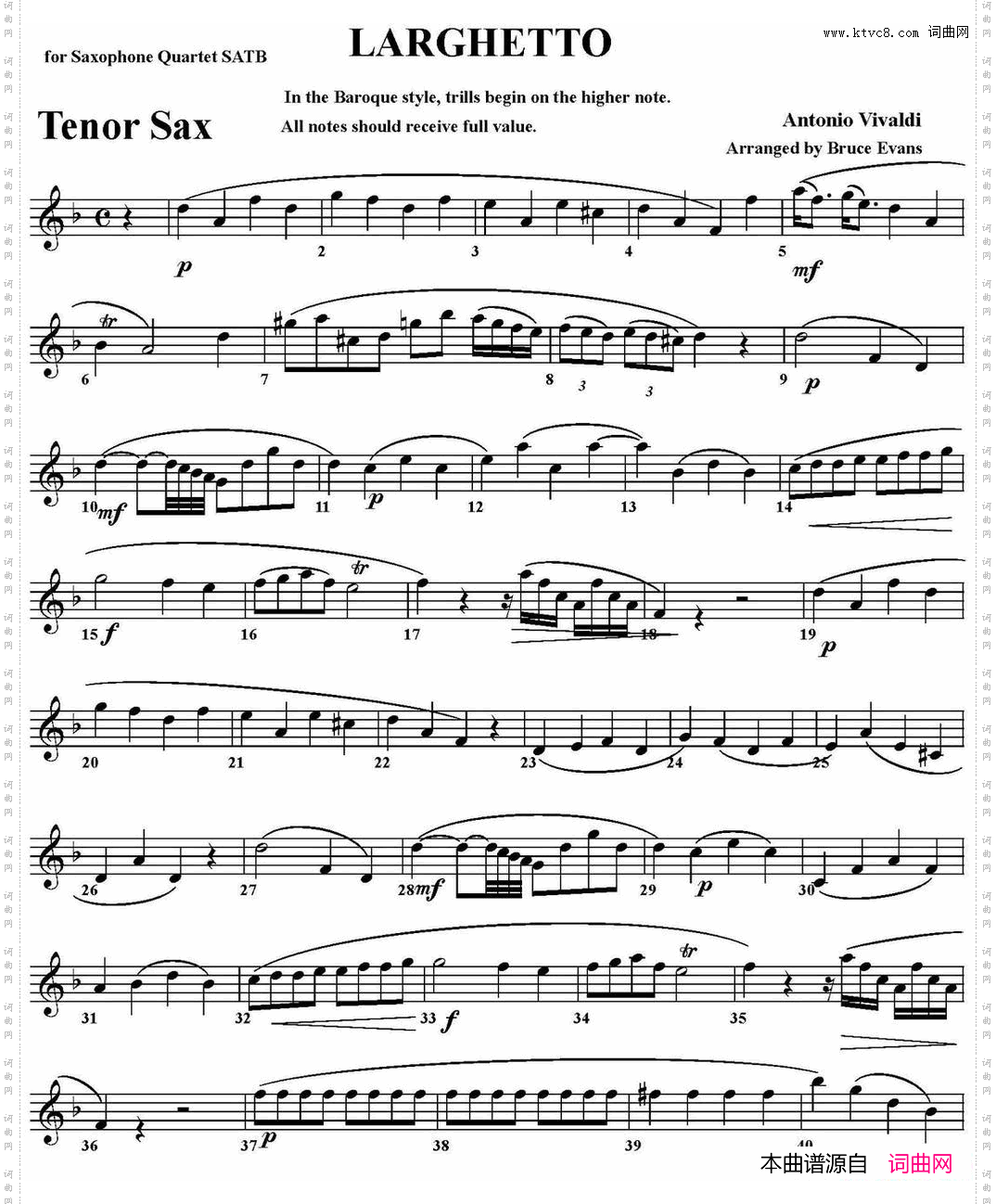 LARGHETTO四重奏·次中音萨克斯分谱