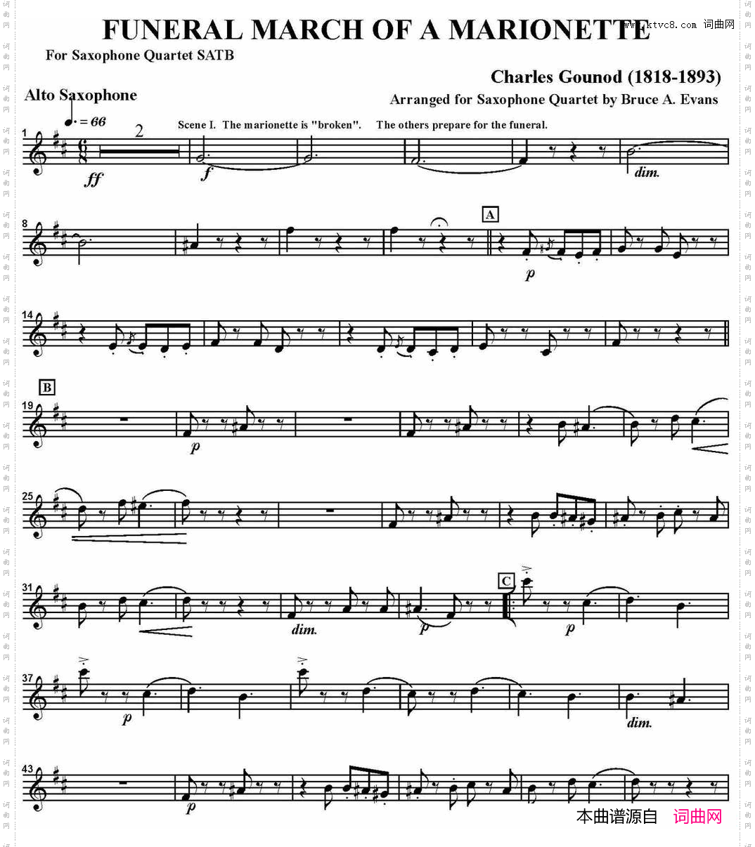 FUNERALMARCHOFAMARIONETTE四重奏·中音萨克斯分谱_FUNERAL MARCH OF A MARIONETTE四重奏·中音萨克斯分谱