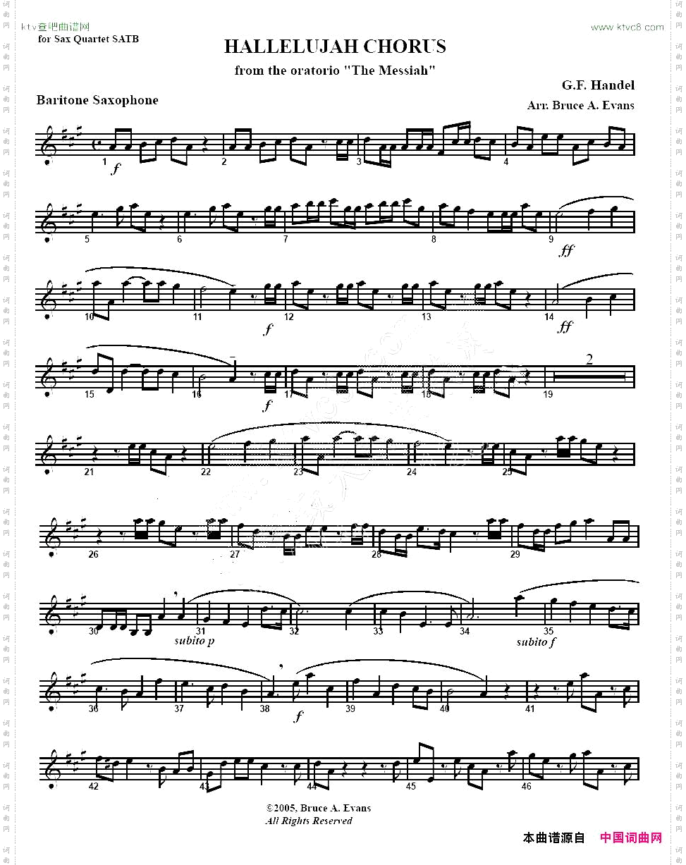 HALLELUJAHCHORUS哈利路亚四重奏baryton—上低音萨克斯分谱