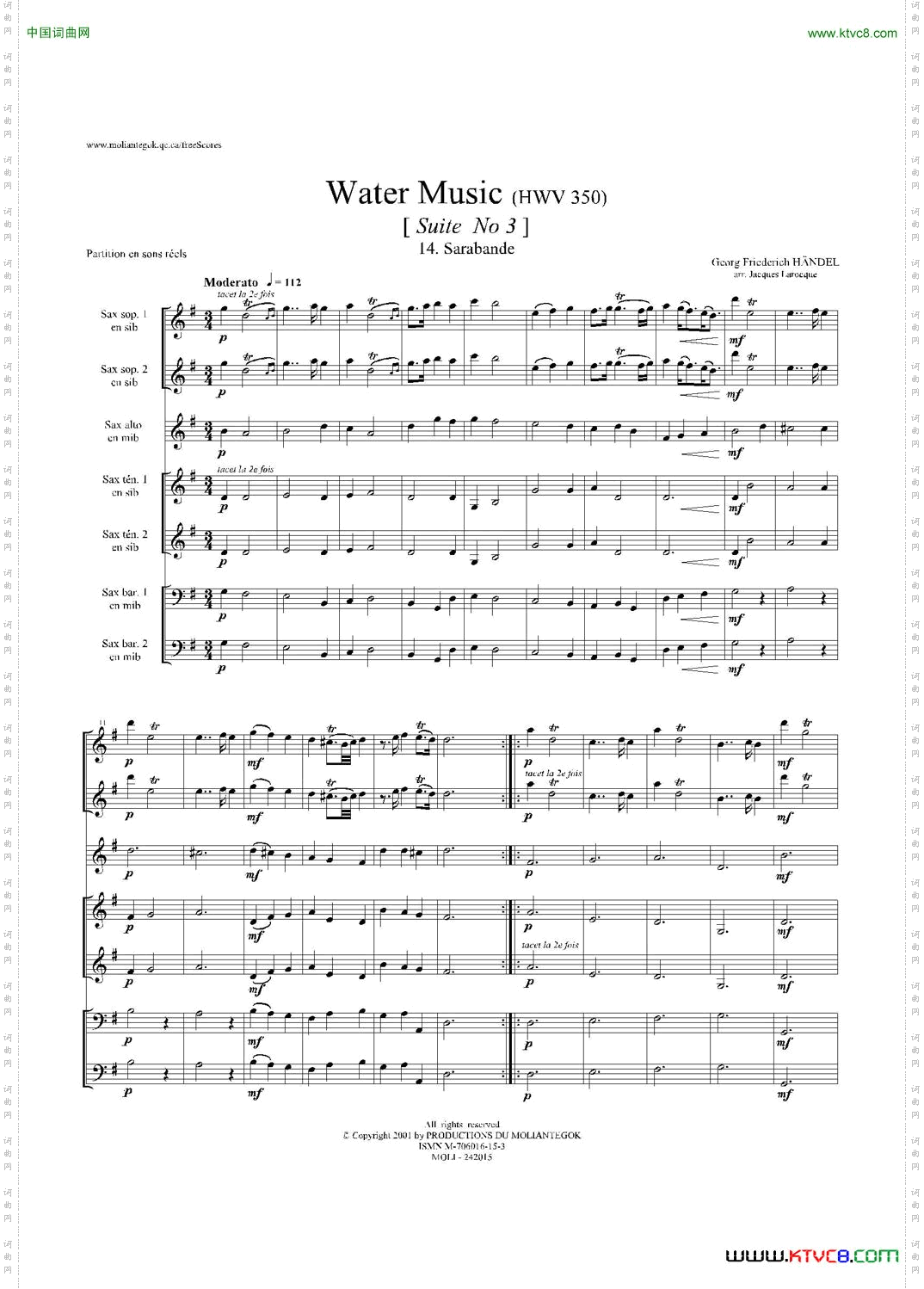 WaterMusicHWV.350No.3萨克斯合奏总谱_Water MusicHWV.350 No.3萨克斯合奏总谱