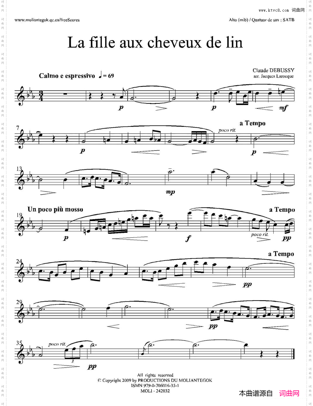 亚麻色头发的少女四重奏中音萨克斯分谱