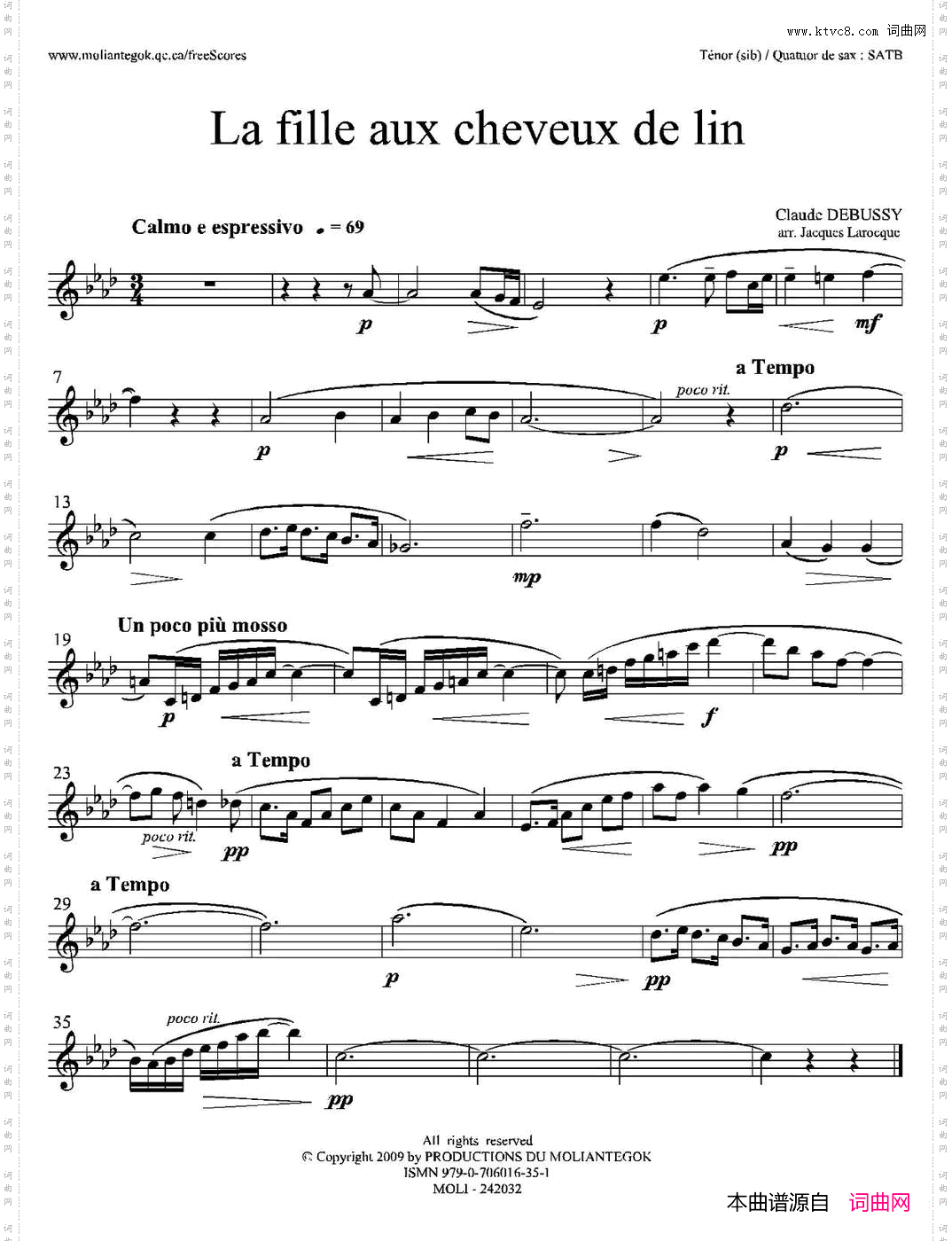 亚麻色头发的少女四重奏次中音萨克斯分谱