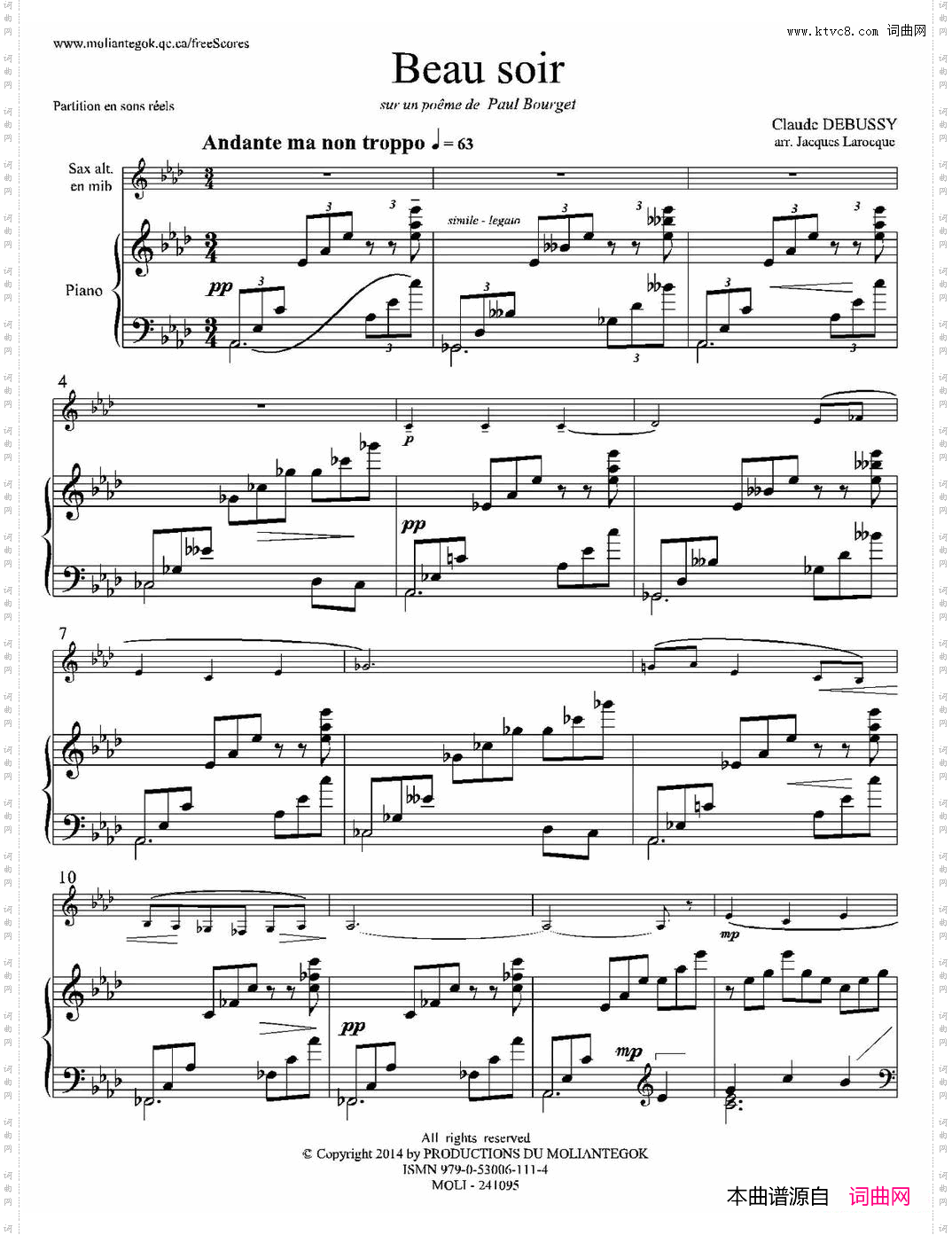 美丽的黄昏1=降A中音萨克斯+钢琴伴奏