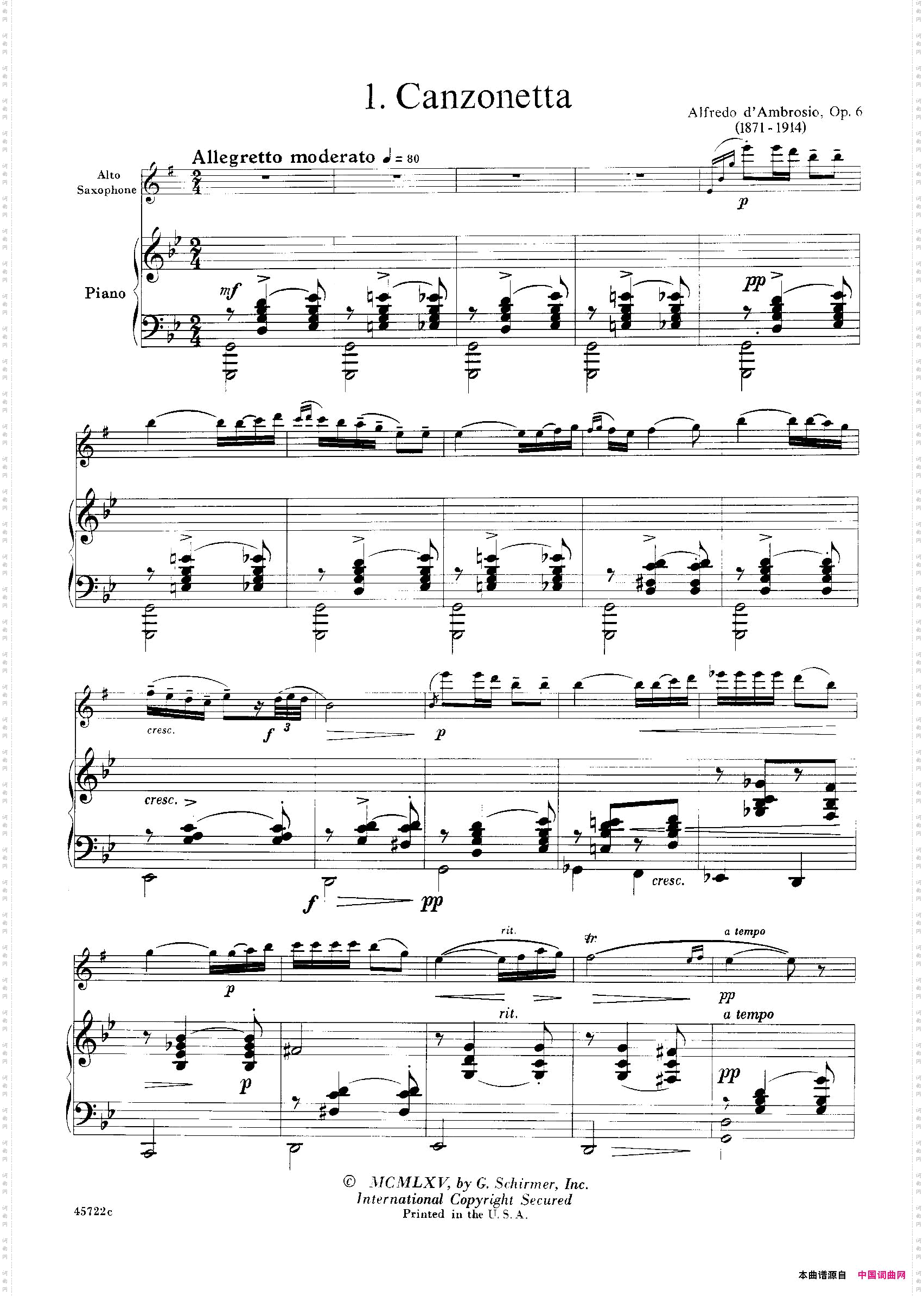 15首古典萨克斯独奏曲:1、Canzonetta中音萨克斯+钢琴伴奏
