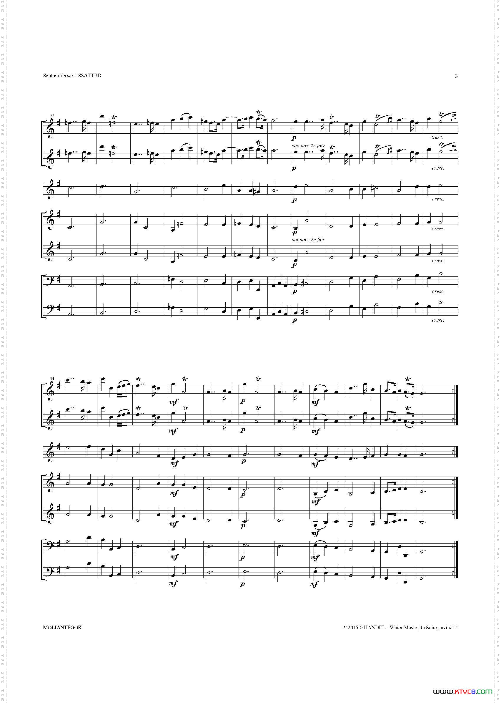 WaterMusicHWV.350No.3萨克斯合奏总谱_Water MusicHWV.350 No.3萨克斯合奏总谱