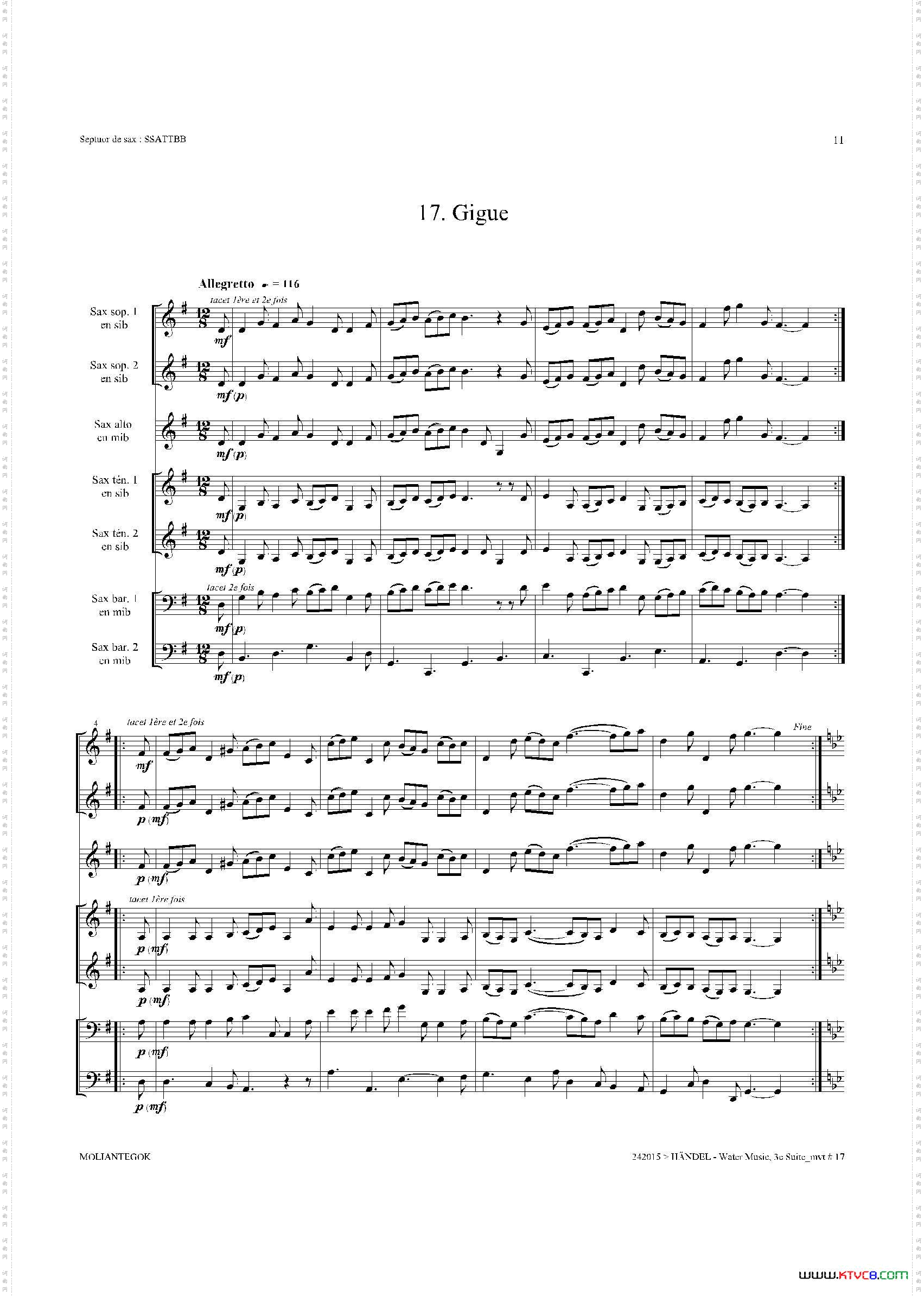 WaterMusicHWV.350No.3萨克斯合奏总谱_Water MusicHWV.350 No.3萨克斯合奏总谱