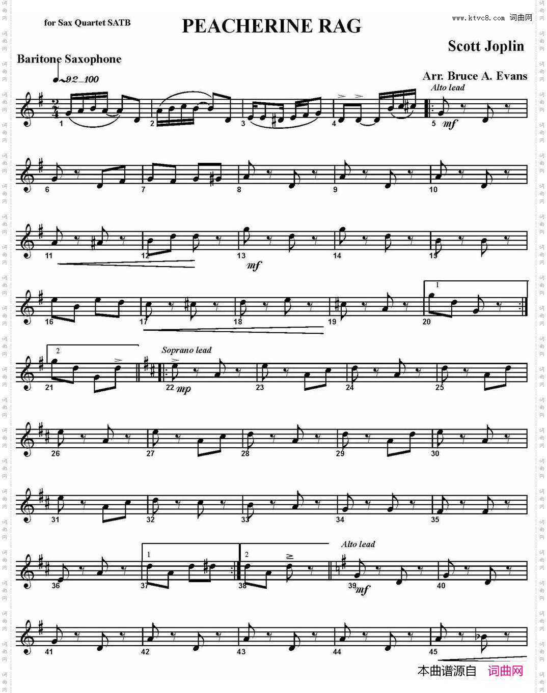 PEACHERINERAG四重奏·上低音萨克斯分谱_PEACHERINE RAG四重奏·上低音萨克斯分谱