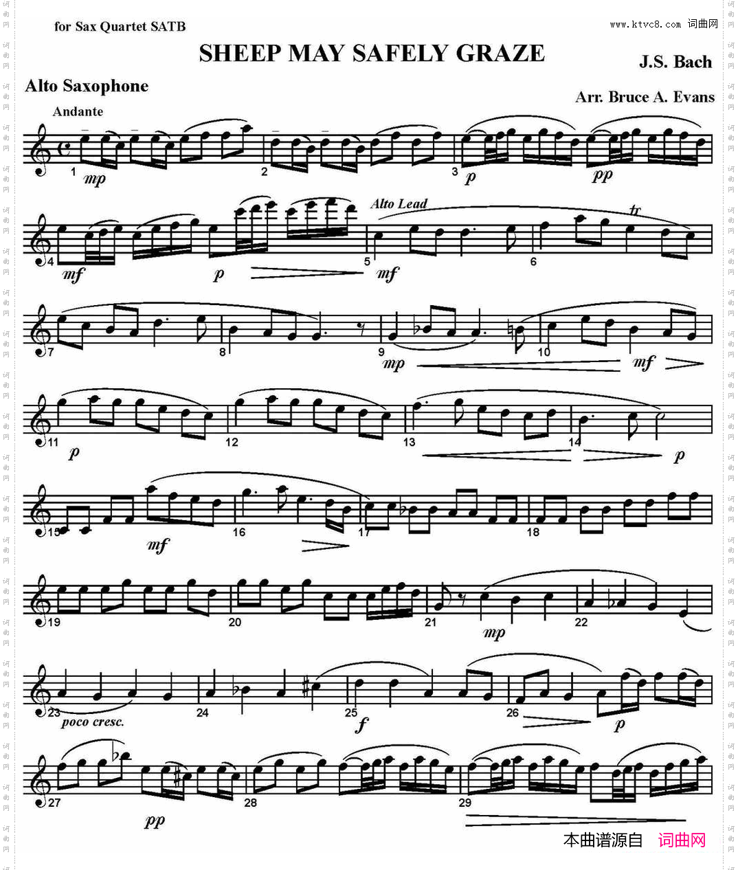 SHEEPMAYSAFELYGRAZE四重奏·中音萨克斯分谱_SHEEP MAY SAFELY GRAZE四重奏·中音萨克斯分谱