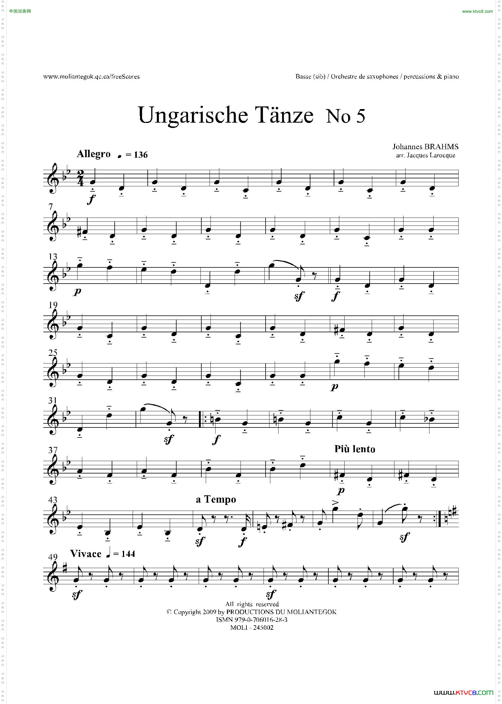 UngarischeTnzeNo5十五重奏Basse分谱_Ungarische Tnze No 5十五重奏Basse分谱