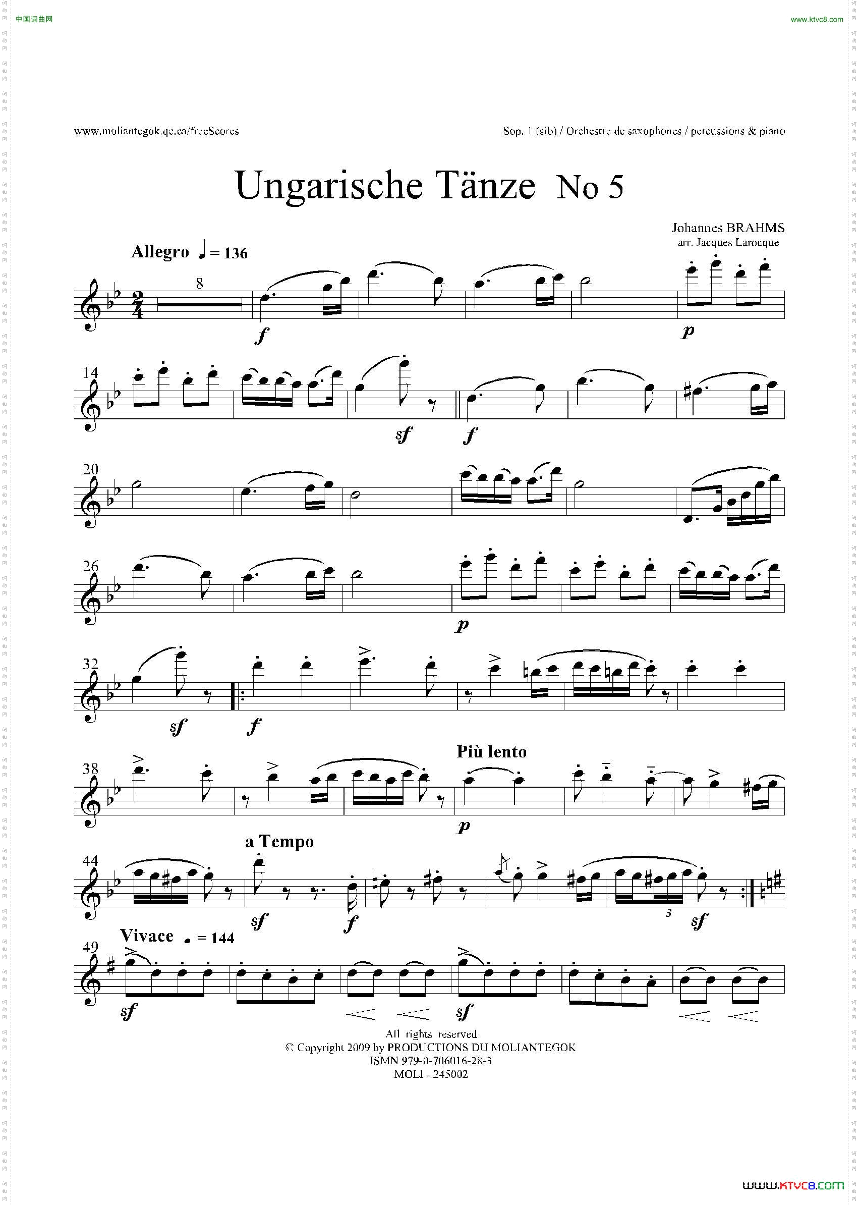 UngarischeTnzeNo5十五重奏Sop.1-2分谱_Ungarische Tnze No 5十五重奏Sop.1-2 分谱