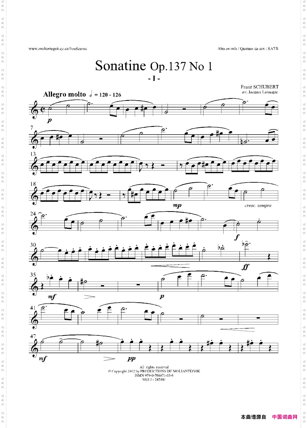 SonatineOp.137No1四重奏中音萨克斯分谱_Sonatine Op.137 No 1四重奏中音萨克斯分谱